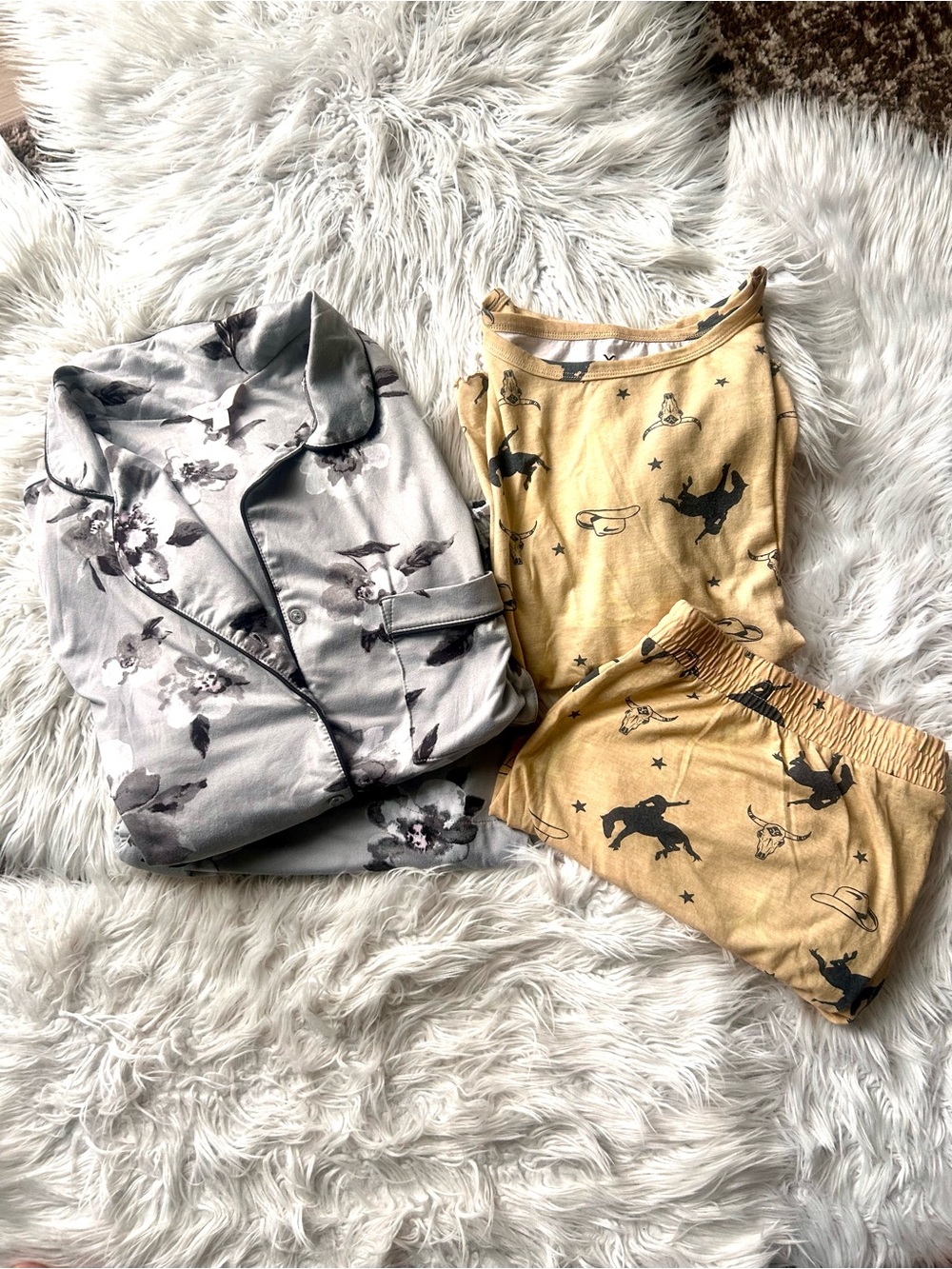 Bundle Floral Gray Satin Pajama set & Mustard Cowboy Print Shorts Set